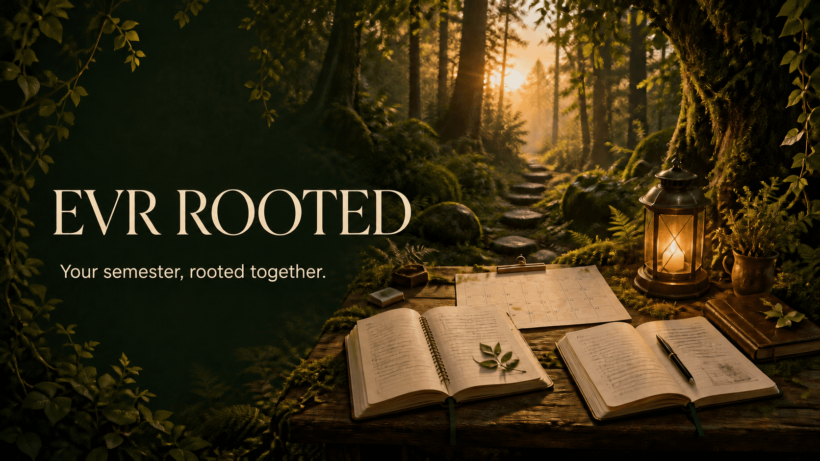 EvrRooted's sunlit forest study grove with books and lanterns