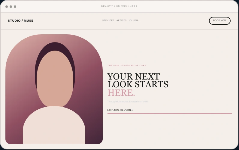 Beauty & Wellness website layout concept with fictional branding and sample content