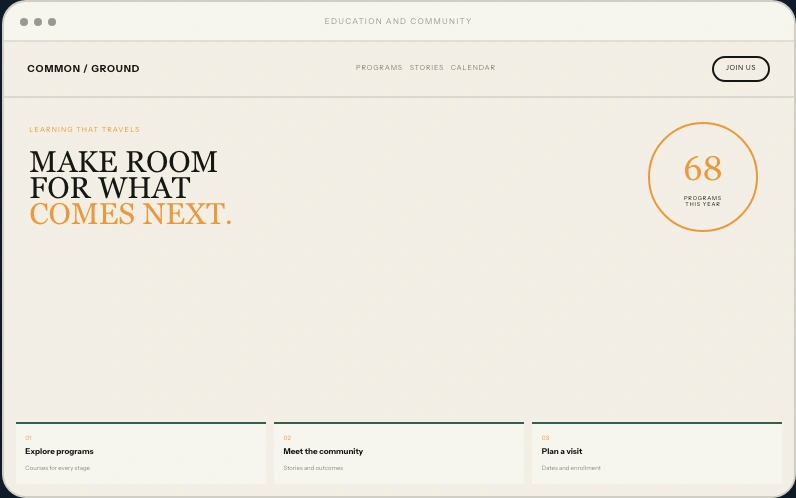 Education & Community website layout concept with fictional branding and sample content