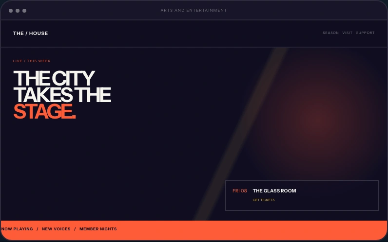 Arts & Entertainment website layout concept with fictional branding and sample content