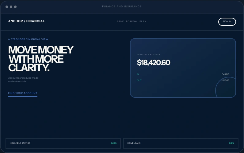 Finance & Insurance website layout concept with fictional branding and sample content