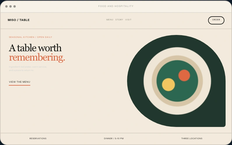 Food & Hospitality website layout concept with fictional branding and sample content
