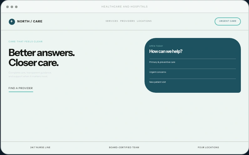 Healthcare & Hospitals website layout concept with fictional branding and sample content