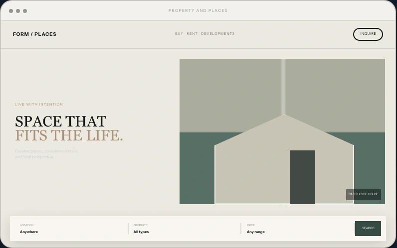 Property & Places website layout concept with fictional branding and sample content