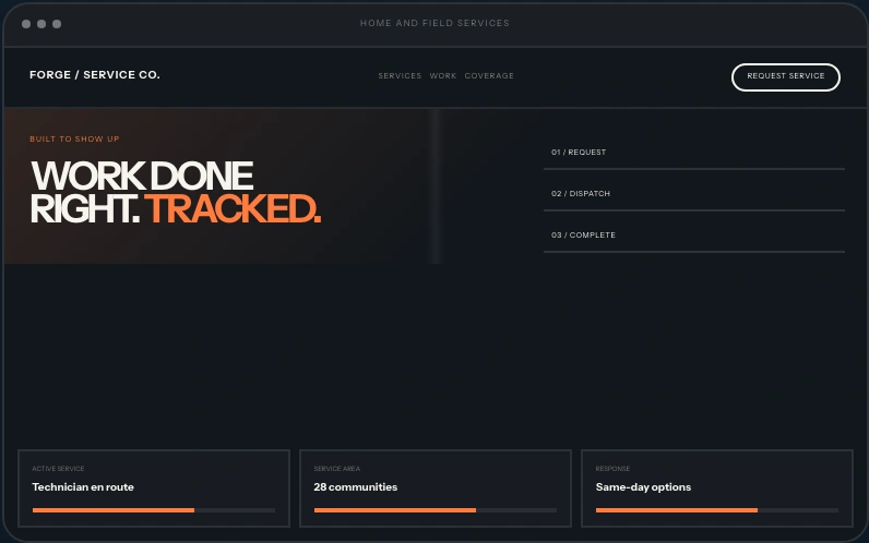 Home & Field Services website layout concept with fictional branding and sample content