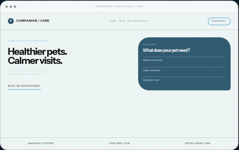 Veterinary & Animal Care website layout concept with fictional branding and sample content